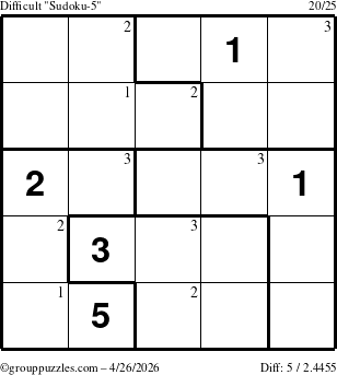 The grouppuzzles.com Difficult Sudoku-5 puzzle for Sunday April 26, 2026 with the first 3 steps marked