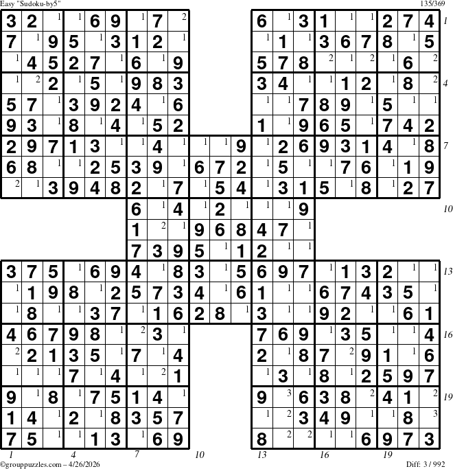 The grouppuzzles.com Easy Sudoku-by5 puzzle for Sunday April 26, 2026, suitable for printing, with all 3 steps marked