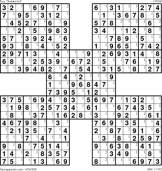 The grouppuzzles.com Easy Sudoku-by5 puzzle for Sunday April 26, 2026 with the first 3 steps marked