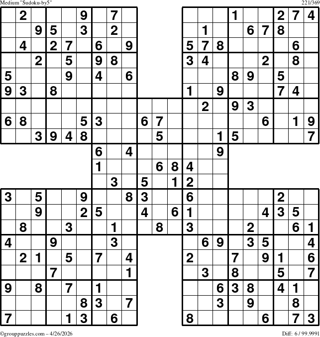 The grouppuzzles.com Medium Sudoku-by5 puzzle for Sunday April 26, 2026