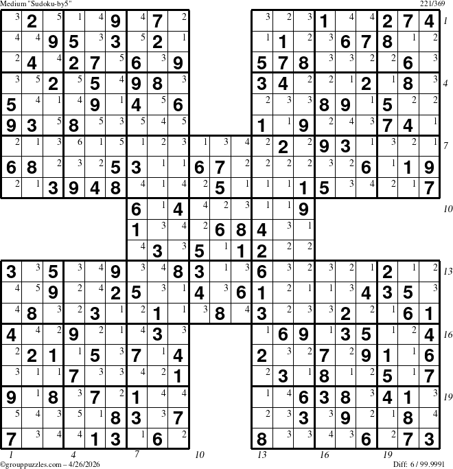 The grouppuzzles.com Medium Sudoku-by5 puzzle for Sunday April 26, 2026, suitable for printing, with all 6 steps marked