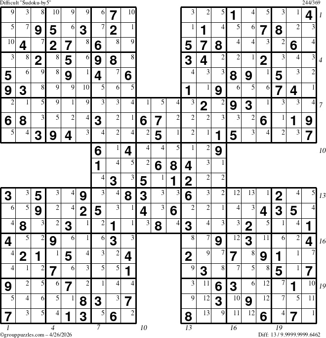 The grouppuzzles.com Difficult Sudoku-by5 puzzle for Sunday April 26, 2026, suitable for printing, with all 13 steps marked