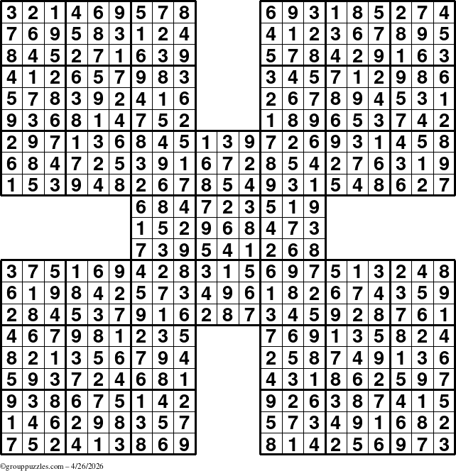The grouppuzzles.com Answer grid for the Sudoku-by5 puzzle for Sunday April 26, 2026