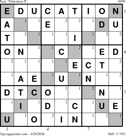 The grouppuzzles.com Easy Education-X puzzle for Sunday April 26, 2026, suitable for printing, with all 3 steps marked