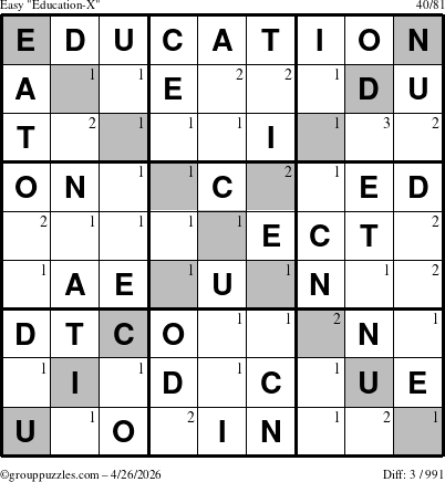 The grouppuzzles.com Easy Education-X puzzle for Sunday April 26, 2026 with the first 3 steps marked