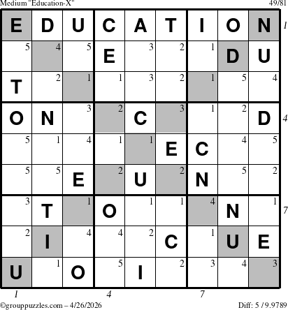 The grouppuzzles.com Medium Education-X puzzle for Sunday April 26, 2026 with all 5 steps marked