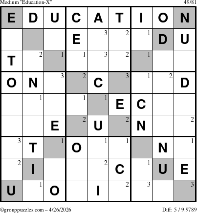 The grouppuzzles.com Medium Education-X puzzle for Sunday April 26, 2026 with the first 3 steps marked