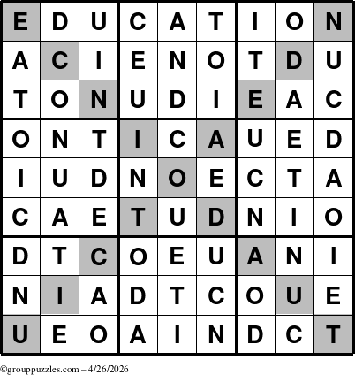 The grouppuzzles.com Answer grid for the Education-X puzzle for Sunday April 26, 2026