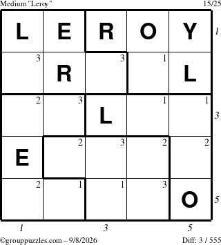 The grouppuzzles.com Medium Leroy puzzle for Tuesday September 8, 2026, suitable for printing, with all 3 steps marked