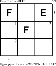 The grouppuzzles.com Easy TicTac-DEF puzzle for Tuesday September 8, 2026, suitable for printing, with all 2 steps marked