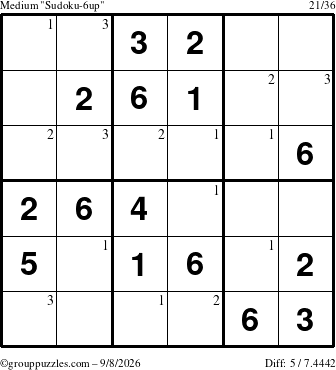 The grouppuzzles.com Medium Sudoku-6up puzzle for Tuesday September 8, 2026 with the first 3 steps marked