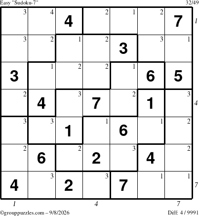 The grouppuzzles.com Easy Sudoku-7 puzzle for Tuesday September 8, 2026 with all 4 steps marked