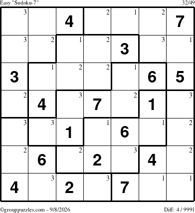 The grouppuzzles.com Easy Sudoku-7 puzzle for Tuesday September 8, 2026 with the first 3 steps marked