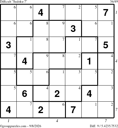 The grouppuzzles.com Difficult Sudoku-7 puzzle for Tuesday September 8, 2026, suitable for printing, with all 9 steps marked