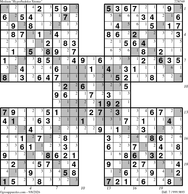 The grouppuzzles.com Medium HyperSudoku-Xtreme puzzle for Tuesday September 8, 2026 with all 7 steps marked