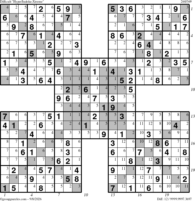 The grouppuzzles.com Difficult HyperSudoku-Xtreme puzzle for Tuesday September 8, 2026, suitable for printing, with all 12 steps marked