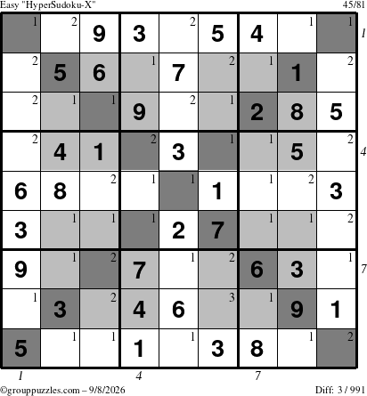 The grouppuzzles.com Easy HyperSudoku-X puzzle for Tuesday September 8, 2026, suitable for printing, with all 3 steps marked