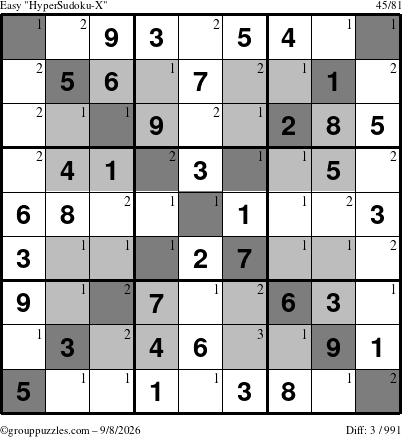 The grouppuzzles.com Easy HyperSudoku-X puzzle for Tuesday September 8, 2026 with the first 3 steps marked