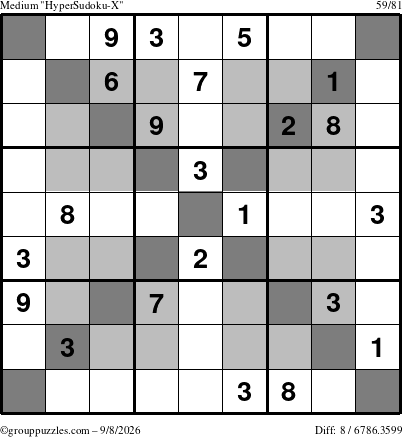 The grouppuzzles.com Medium HyperSudoku-X puzzle for Tuesday September 8, 2026