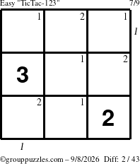 The grouppuzzles.com Easy TicTac-123 puzzle for Tuesday September 8, 2026, suitable for printing, with all 2 steps marked