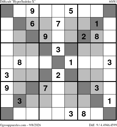 The grouppuzzles.com Difficult HyperSudoku-X puzzle for Tuesday September 8, 2026