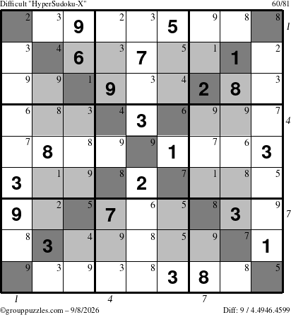 The grouppuzzles.com Difficult HyperSudoku-X puzzle for Tuesday September 8, 2026 with all 9 steps marked