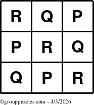 The grouppuzzles.com Answer grid for the TicTac-PQR puzzle for Friday April 3, 2026