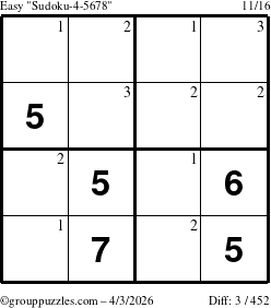 The grouppuzzles.com Easy Sudoku-4-5678 puzzle for Friday April 3, 2026 with the first 3 steps marked