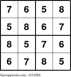 The grouppuzzles.com Answer grid for the Sudoku-4-5678 puzzle for Friday April 3, 2026
