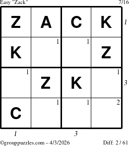 The grouppuzzles.com Easy Zack puzzle for Friday April 3, 2026 with all 2 steps marked