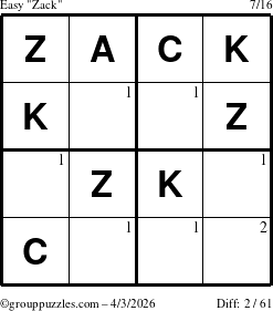 The grouppuzzles.com Easy Zack puzzle for Friday April 3, 2026 with the first 2 steps marked