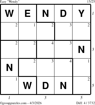 The grouppuzzles.com Easy Wendy puzzle for Friday April 3, 2026 with all 4 steps marked