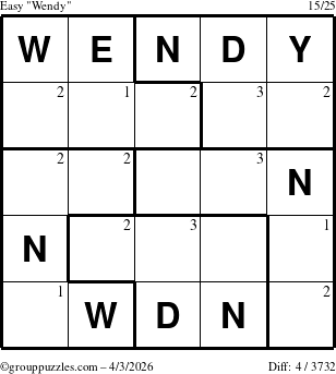 The grouppuzzles.com Easy Wendy puzzle for Friday April 3, 2026 with the first 3 steps marked