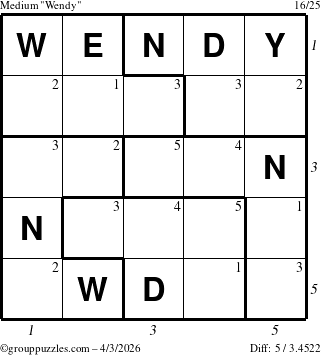 The grouppuzzles.com Medium Wendy puzzle for Friday April 3, 2026, suitable for printing, with all 5 steps marked