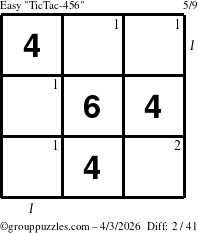 The grouppuzzles.com Easy TicTac-456 puzzle for Friday April 3, 2026, suitable for printing, with all 2 steps marked