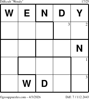 The grouppuzzles.com Difficult Wendy puzzle for Friday April 3, 2026 with the first 3 steps marked