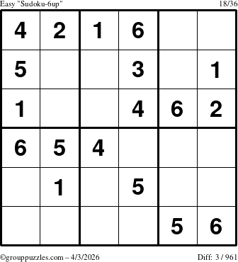 The grouppuzzles.com Easy Sudoku-6up puzzle for Friday April 3, 2026