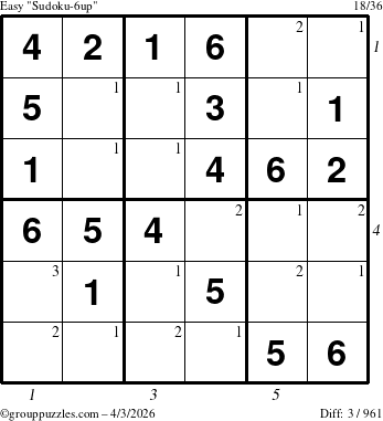 The grouppuzzles.com Easy Sudoku-6up puzzle for Friday April 3, 2026, suitable for printing, with all 3 steps marked