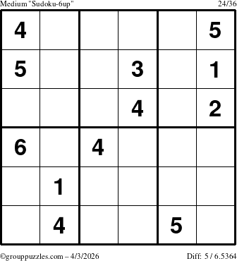 The grouppuzzles.com Medium Sudoku-6up puzzle for Friday April 3, 2026
