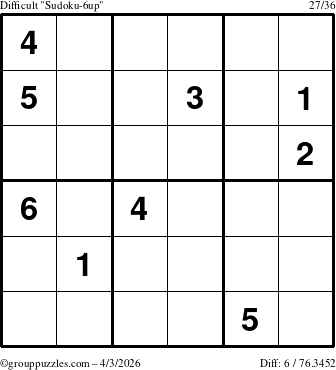 The grouppuzzles.com Difficult Sudoku-6up puzzle for Friday April 3, 2026