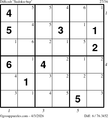 The grouppuzzles.com Difficult Sudoku-6up puzzle for Friday April 3, 2026 with all 6 steps marked
