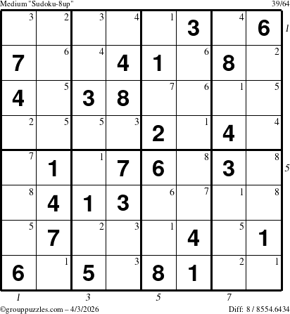 The grouppuzzles.com Medium Sudoku-8up puzzle for Friday April 3, 2026, suitable for printing, with all 8 steps marked