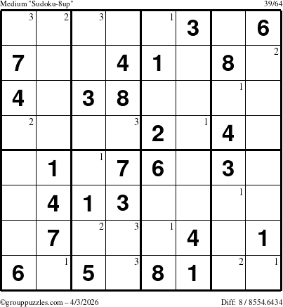 The grouppuzzles.com Medium Sudoku-8up puzzle for Friday April 3, 2026 with the first 3 steps marked
