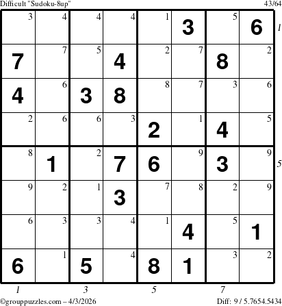 The grouppuzzles.com Difficult Sudoku-8up puzzle for Friday April 3, 2026, suitable for printing, with all 9 steps marked