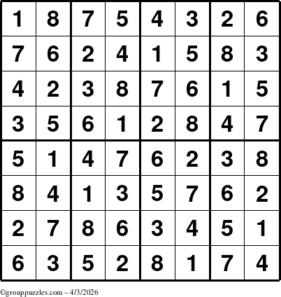 The grouppuzzles.com Answer grid for the Sudoku-8up puzzle for Friday April 3, 2026