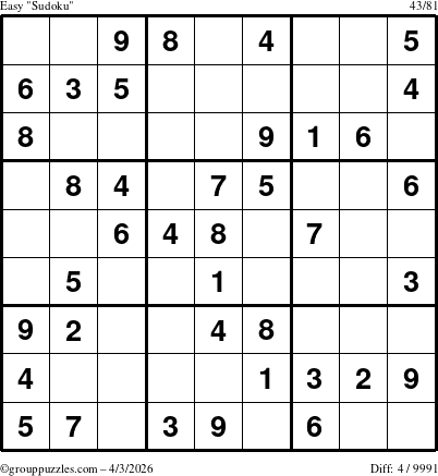 The grouppuzzles.com Easy Sudoku puzzle for Friday April 3, 2026