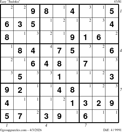 The grouppuzzles.com Easy Sudoku puzzle for Friday April 3, 2026, suitable for printing, with all 4 steps marked