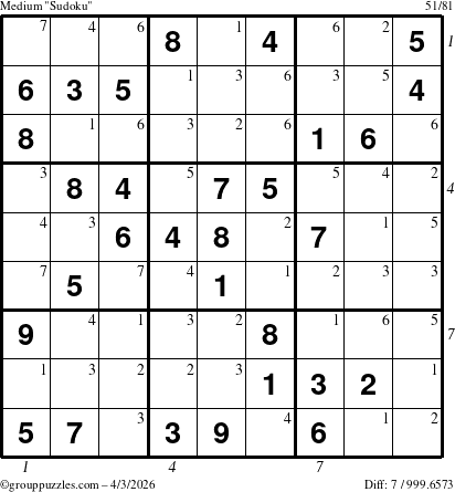 The grouppuzzles.com Medium Sudoku puzzle for Friday April 3, 2026 with all 7 steps marked