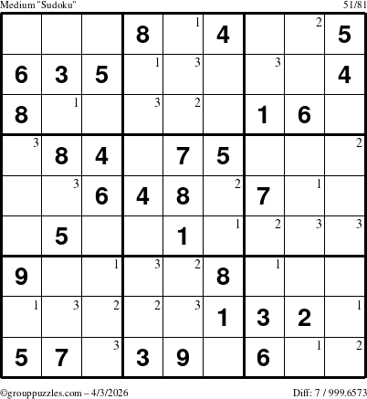 The grouppuzzles.com Medium Sudoku puzzle for Friday April 3, 2026 with the first 3 steps marked