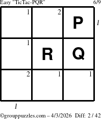 The grouppuzzles.com Easy TicTac-PQR puzzle for Friday April 3, 2026 with all 2 steps marked